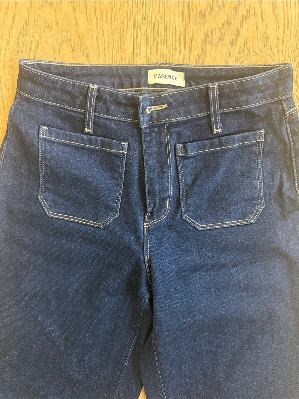 L'AGENCE Dark Blue High-Rise Wide Leg Jeans with Front Patch Pockets